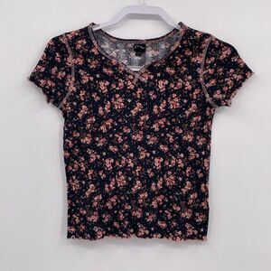 Art Class Girls Fitted Ribbed Shirt Black Floral Ruffle Sleeves Cropped XL 14-16